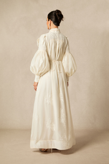 Lydia Floral Embroidered Tie Neck Maxi Dress