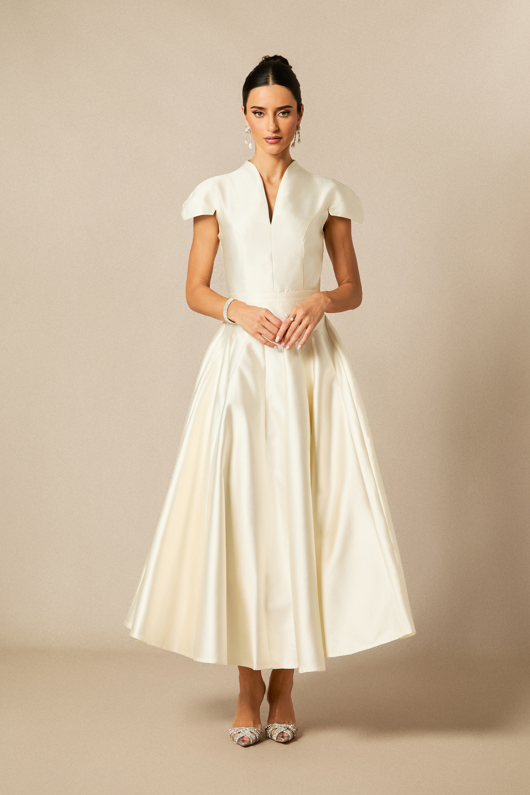 Tiana Cap Sleeve V-Neck Satin Midi Dress