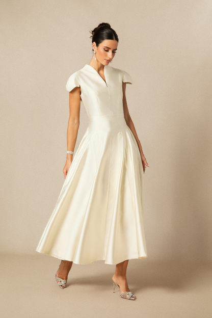 Tiana Cap Sleeve V-Neck Satin Midi Dress