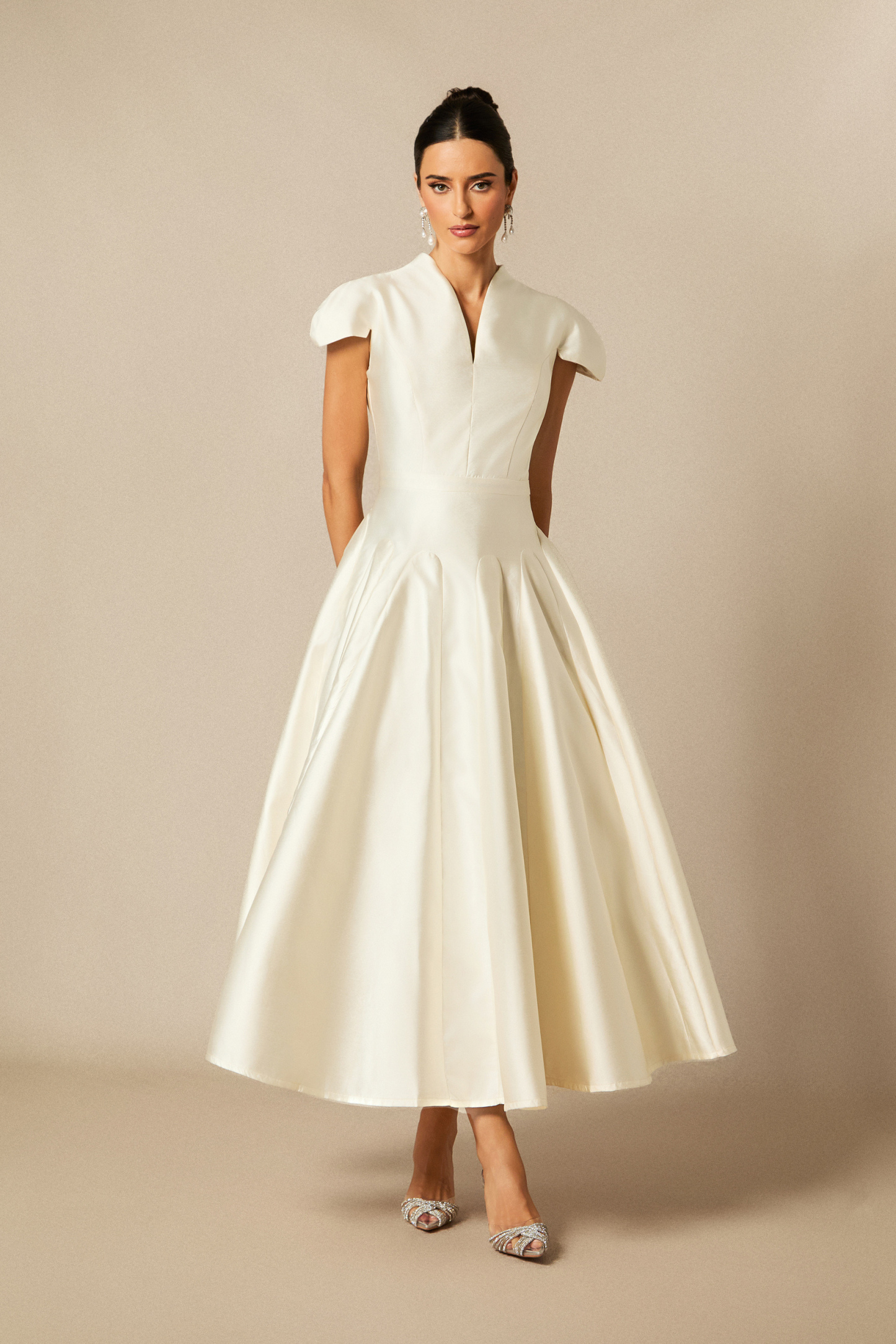 Tiana Cap Sleeve V-Neck Satin Midi Dress