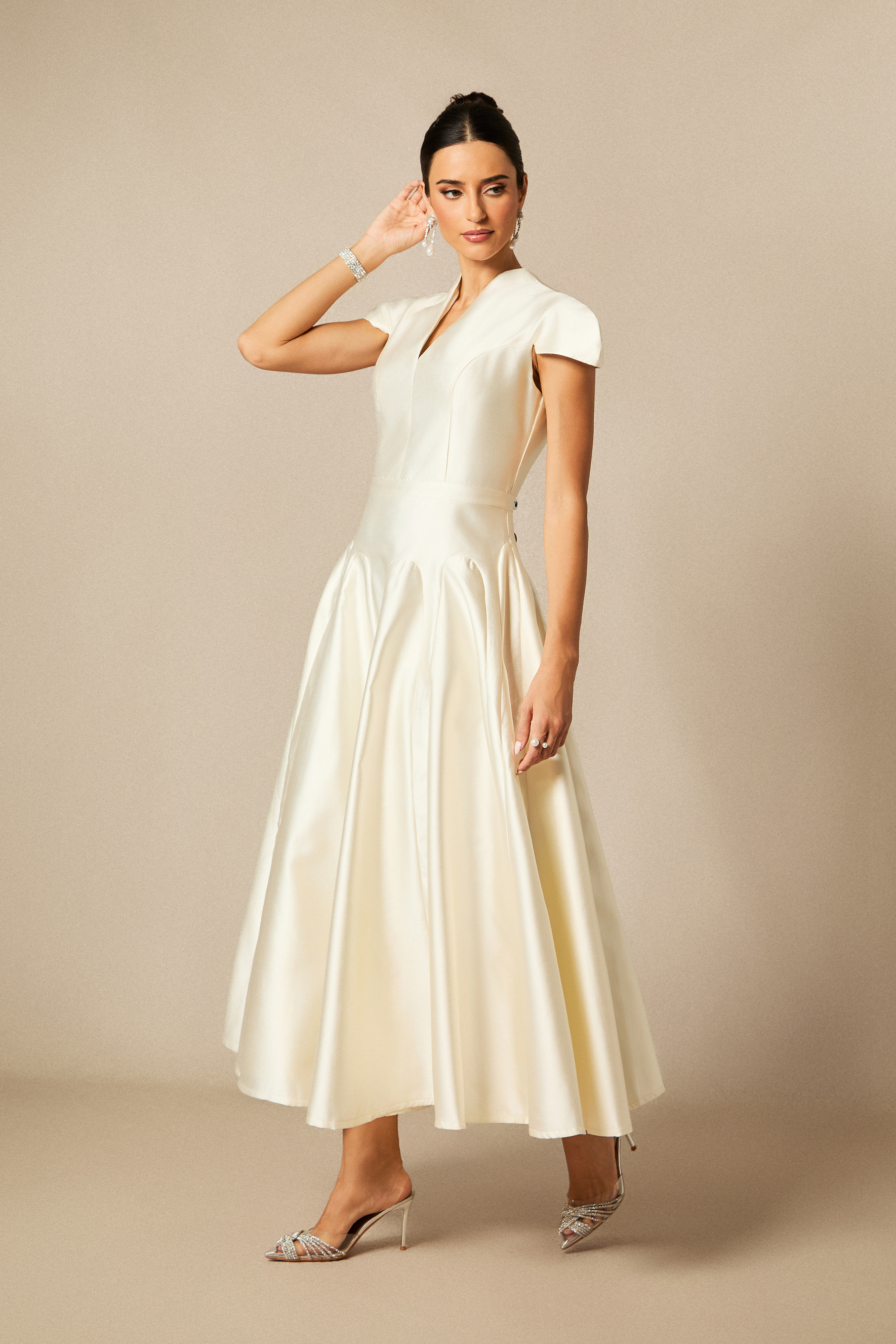 Tiana Cap Sleeve V-Neck Satin Midi Dress