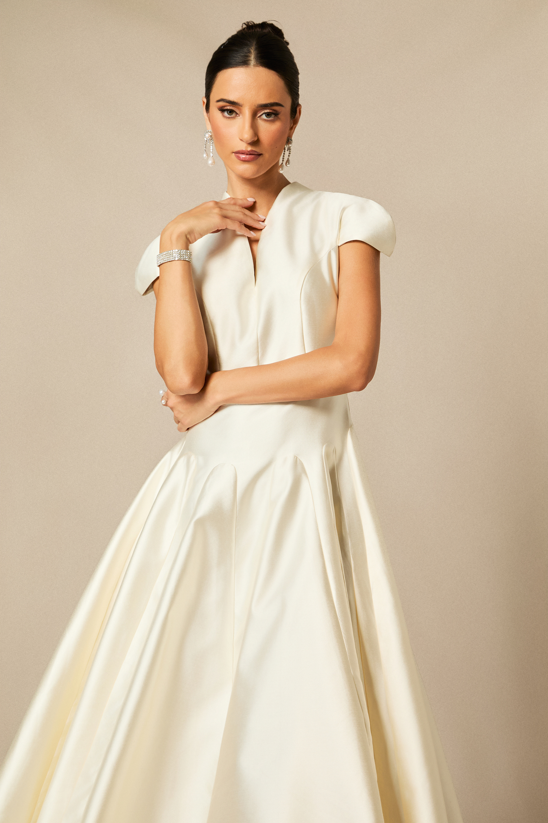Tiana Cap Sleeve V-Neck Satin Midi Dress