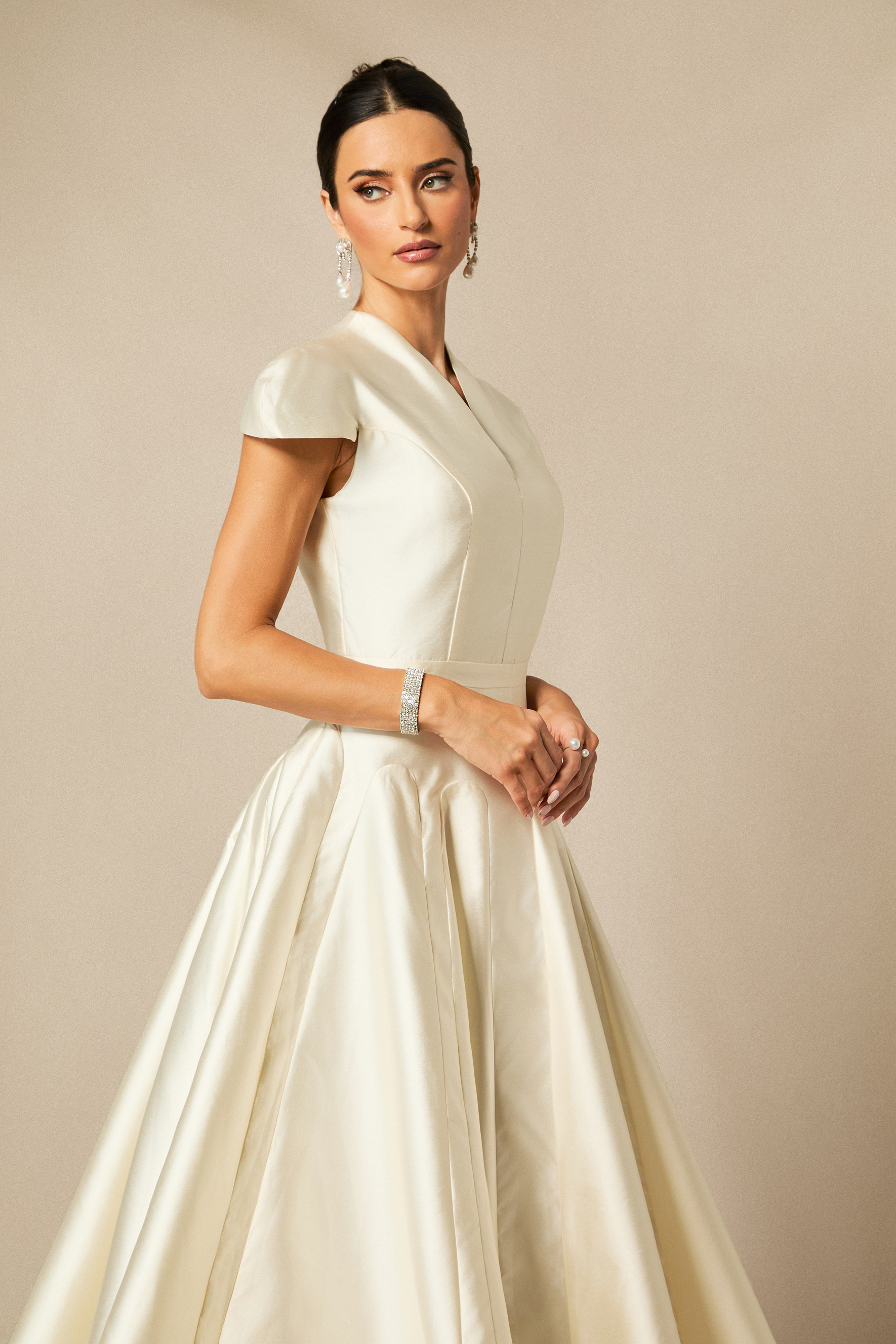 Tiana Cap Sleeve V-Neck Satin Midi Dress