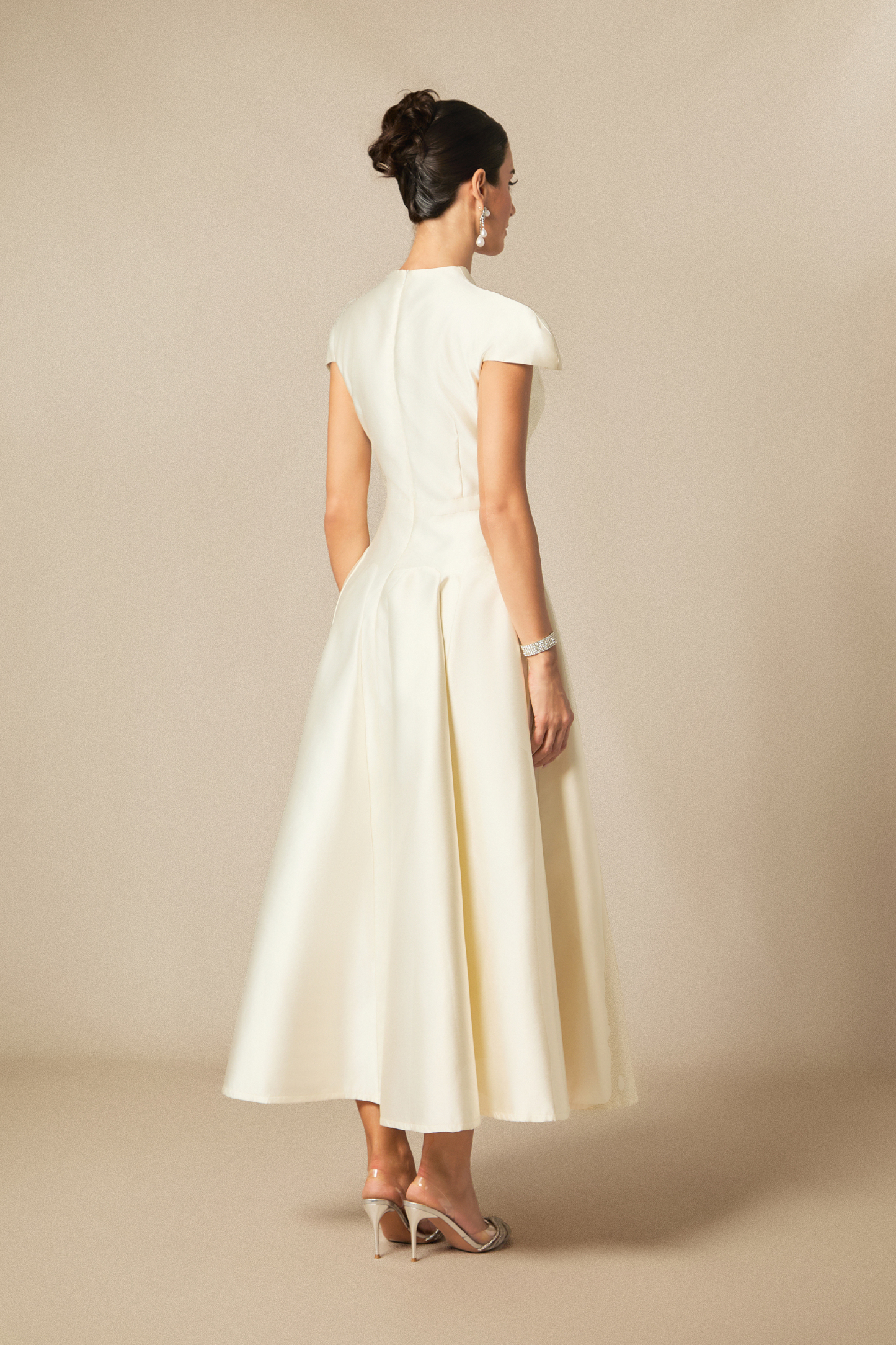 Tiana Cap Sleeve V-Neck Satin Midi Dress