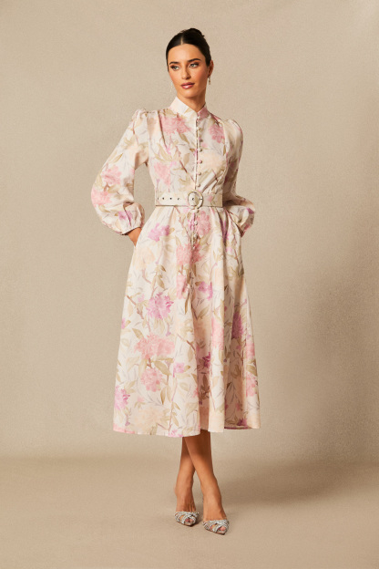 Callie Floral Print Puff Sleeve Midi Dress