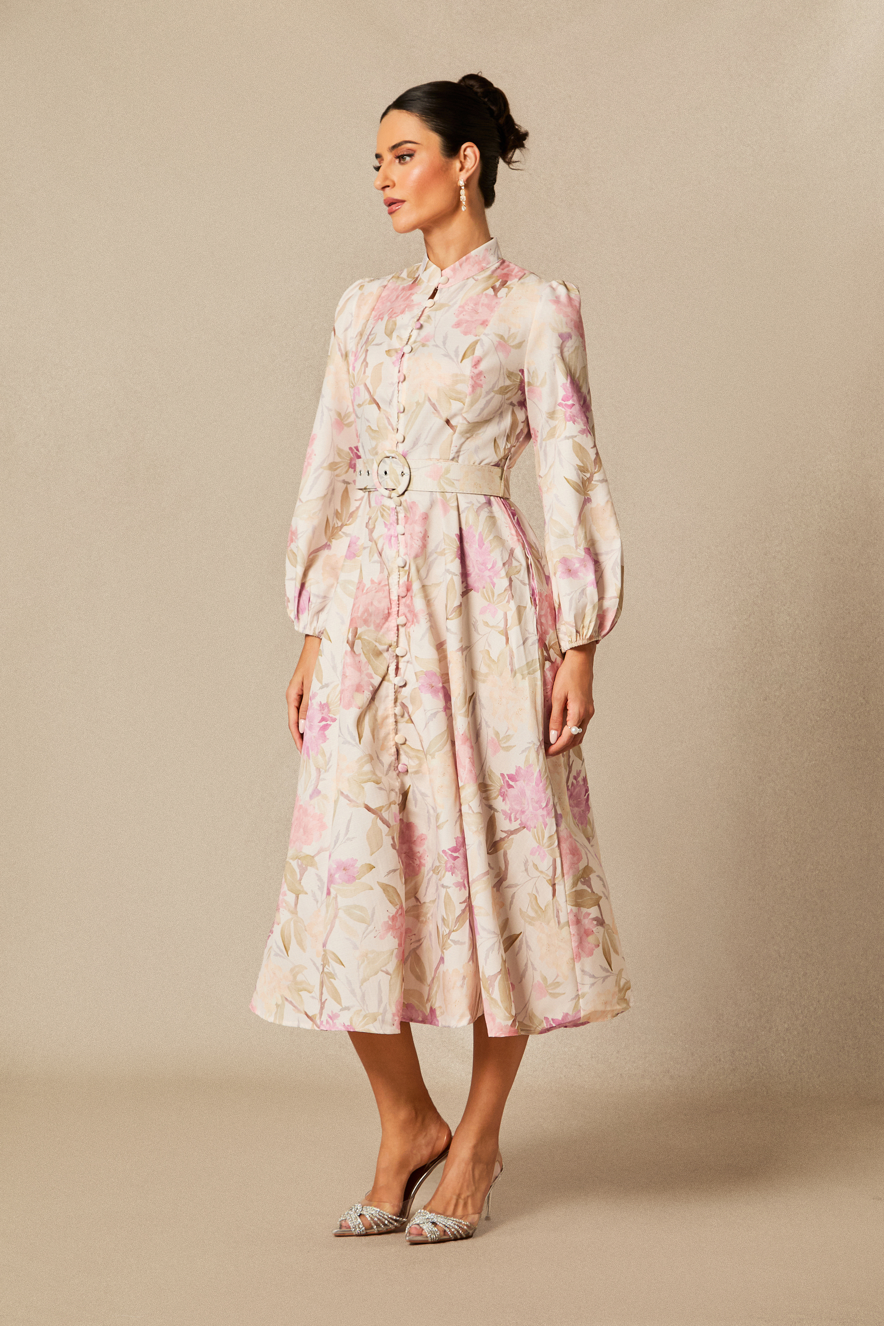 Callie Floral Print Puff Sleeve Midi Dress