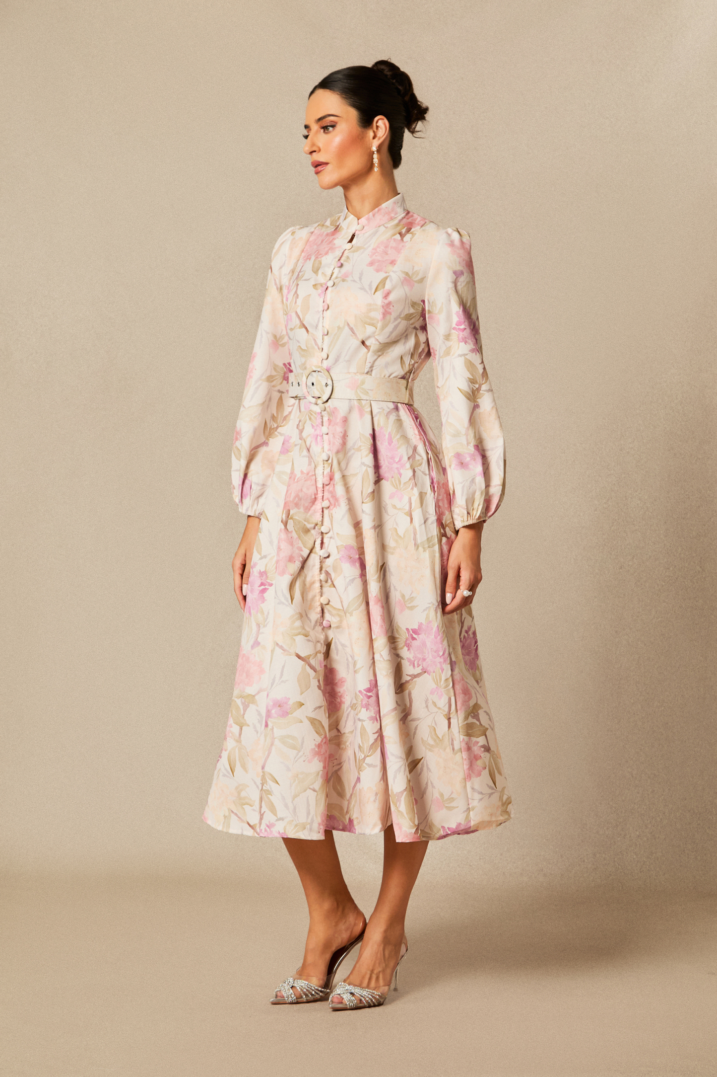 Callie Floral Print Puff Sleeve Midi Dress