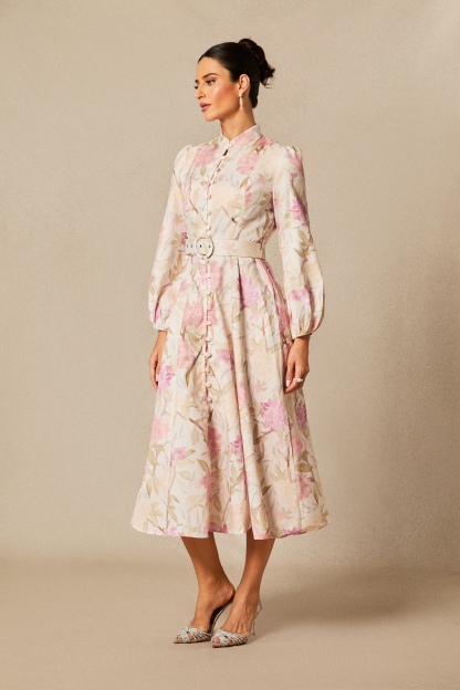 Callie Floral Print Puff Sleeve Midi Dress