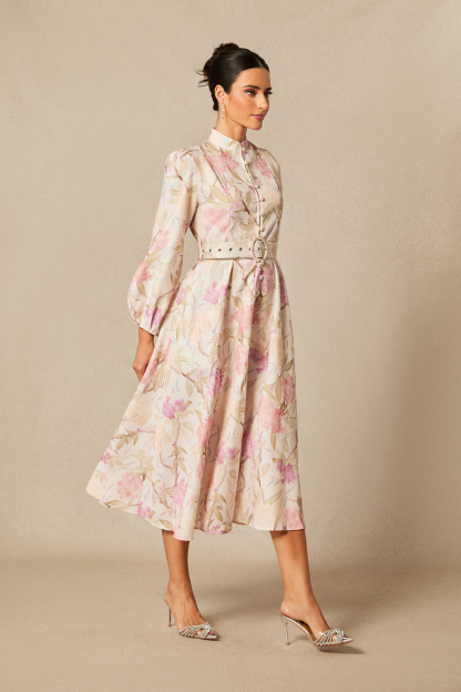 Callie Floral Print Puff Sleeve Midi Dress