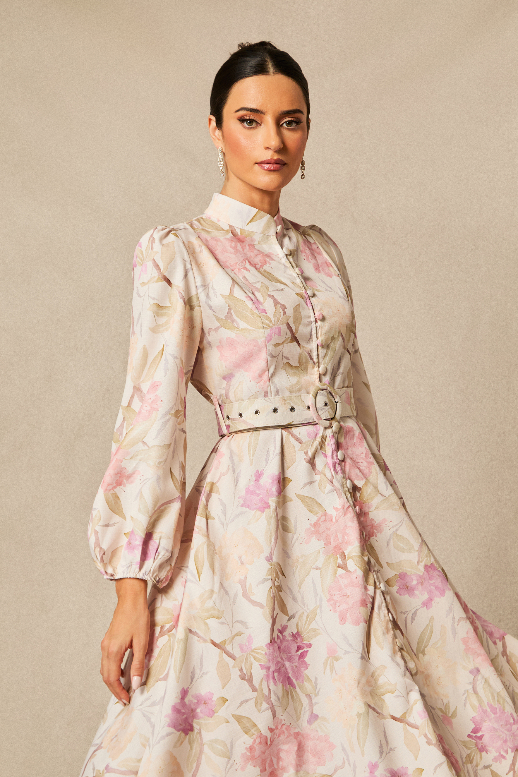 Callie Floral Print Puff Sleeve Midi Dress