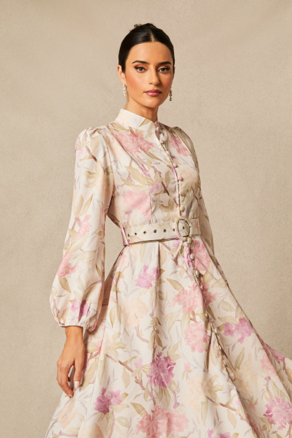 Callie Floral Print Puff Sleeve Midi Dress