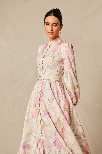 Callie Floral Print Puff Sleeve Midi Dress