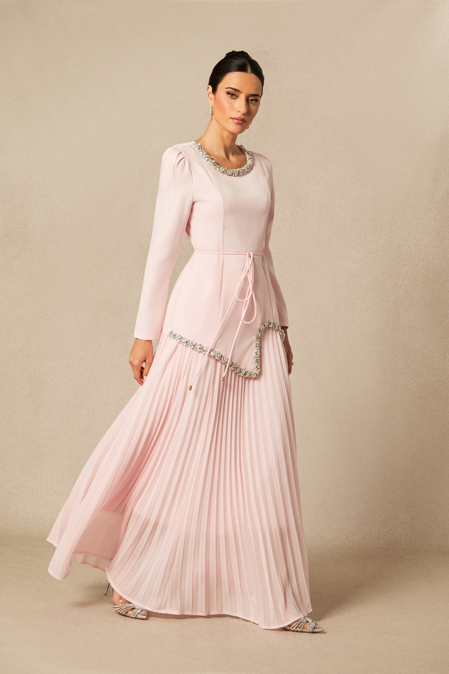 Athena Crystal Embellished Top & Pleated Skirt Set