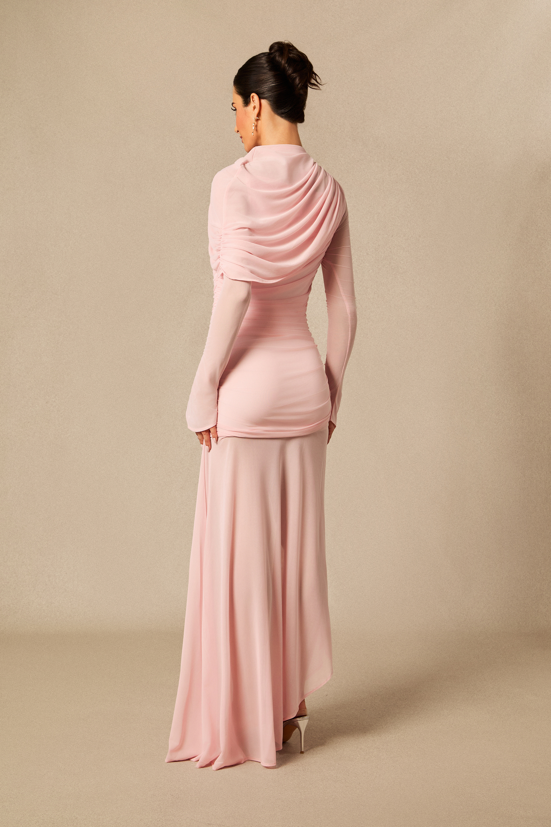 Evie Long Sleeve Asymmetric Hem Mesh Maxi Dress