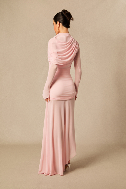 Evie Long Sleeve Asymmetric Hem Mesh Maxi Dress