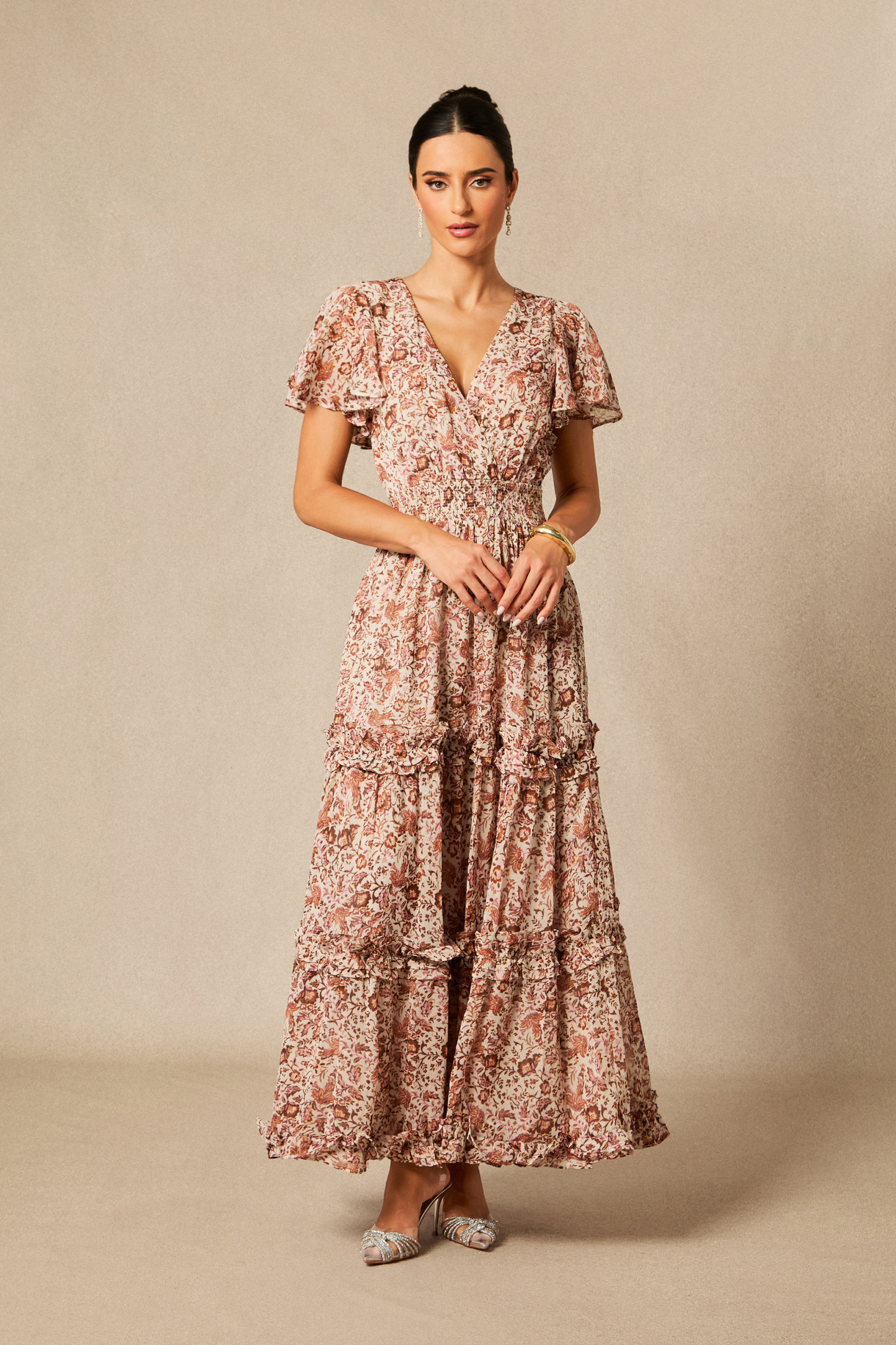 Elisabeth Floral Print Flutter Sleeve Maxi Dress