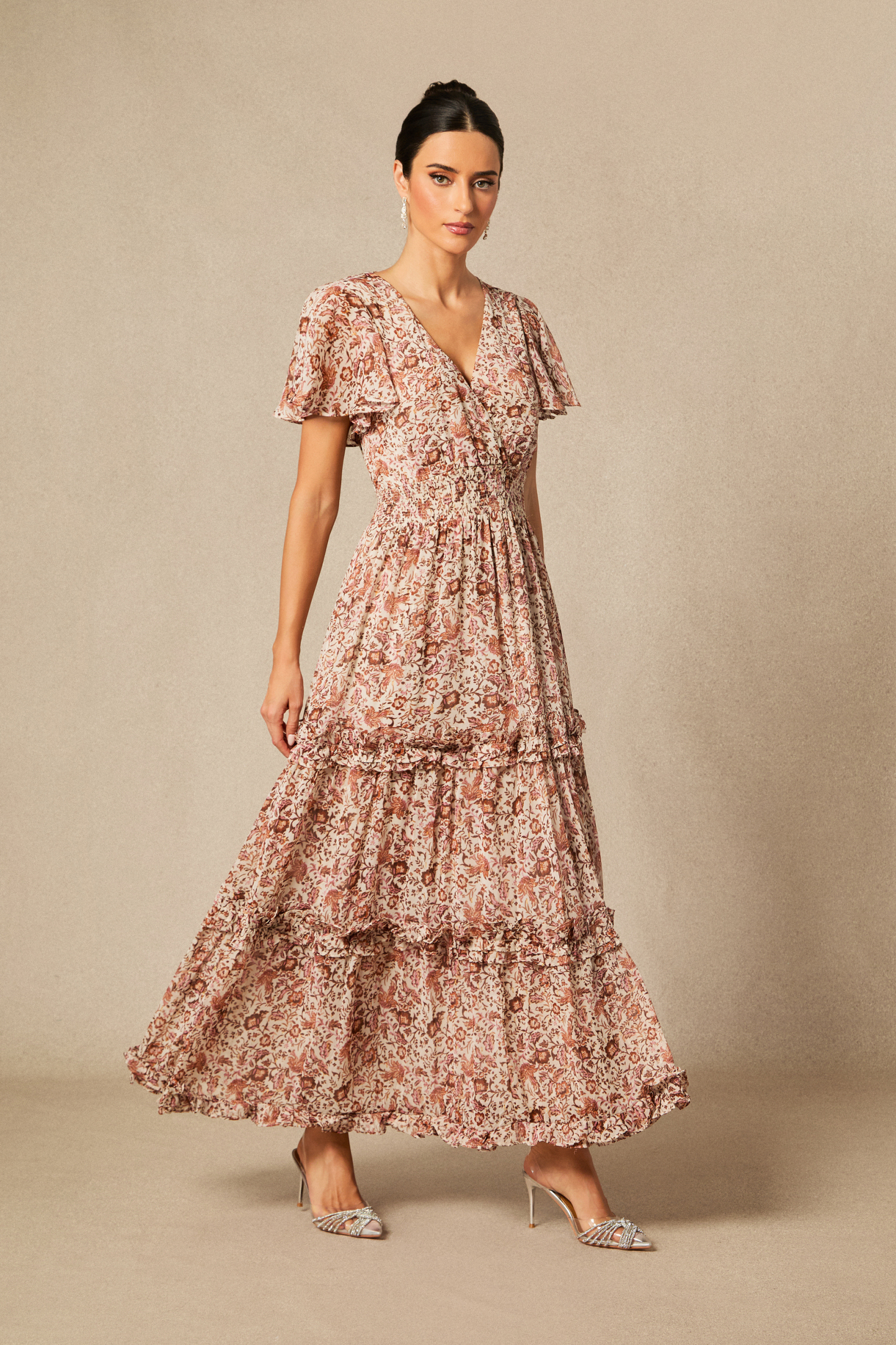 Elisabeth Floral Print Flutter Sleeve Maxi Dress