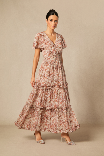 Elisabeth Floral Print Flutter Sleeve Maxi Dress