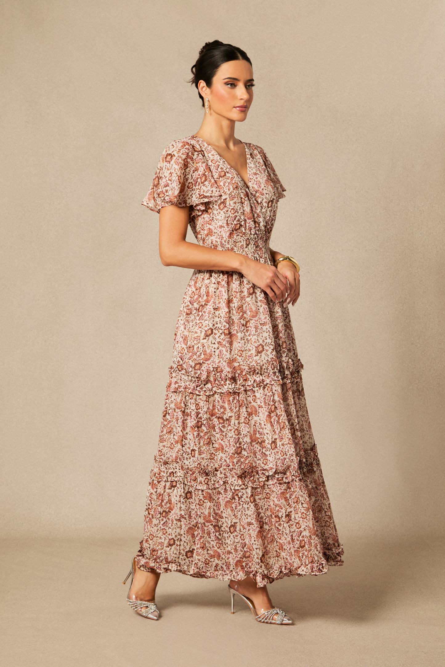Elisabeth Floral Print Flutter Sleeve Maxi Dress