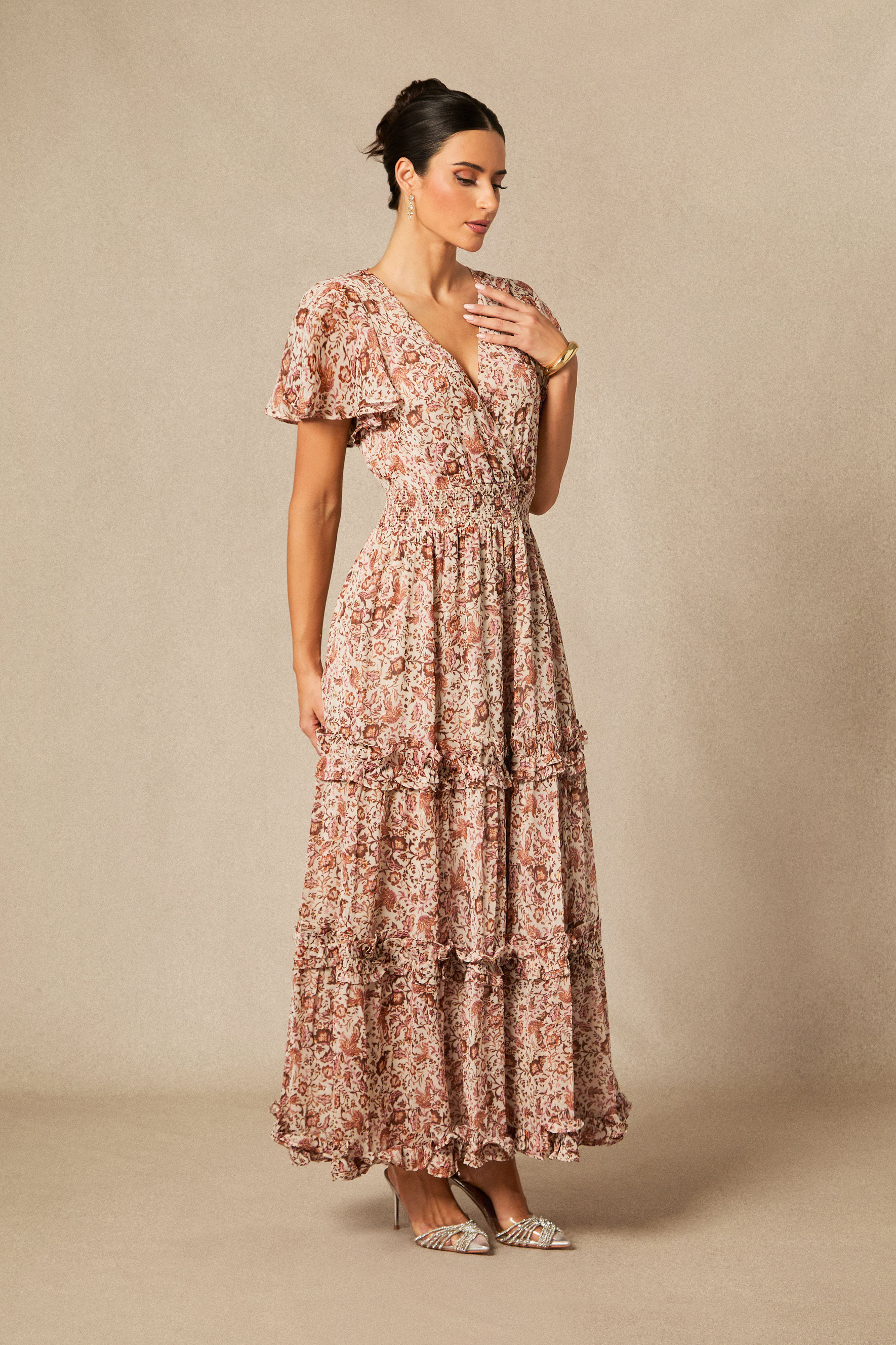 Elisabeth Floral Print Flutter Sleeve Maxi Dress