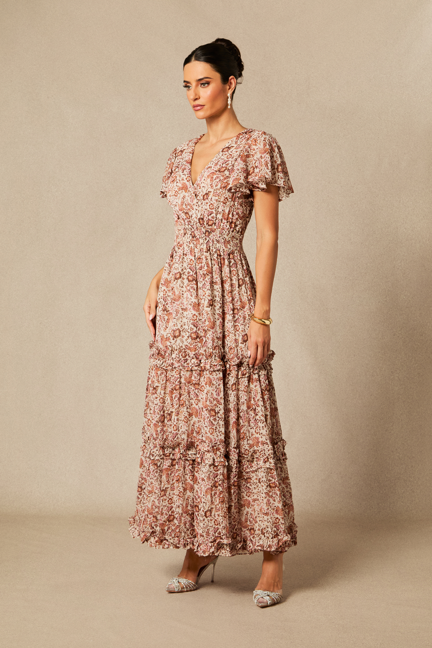 Elisabeth Floral Print Flutter Sleeve Maxi Dress