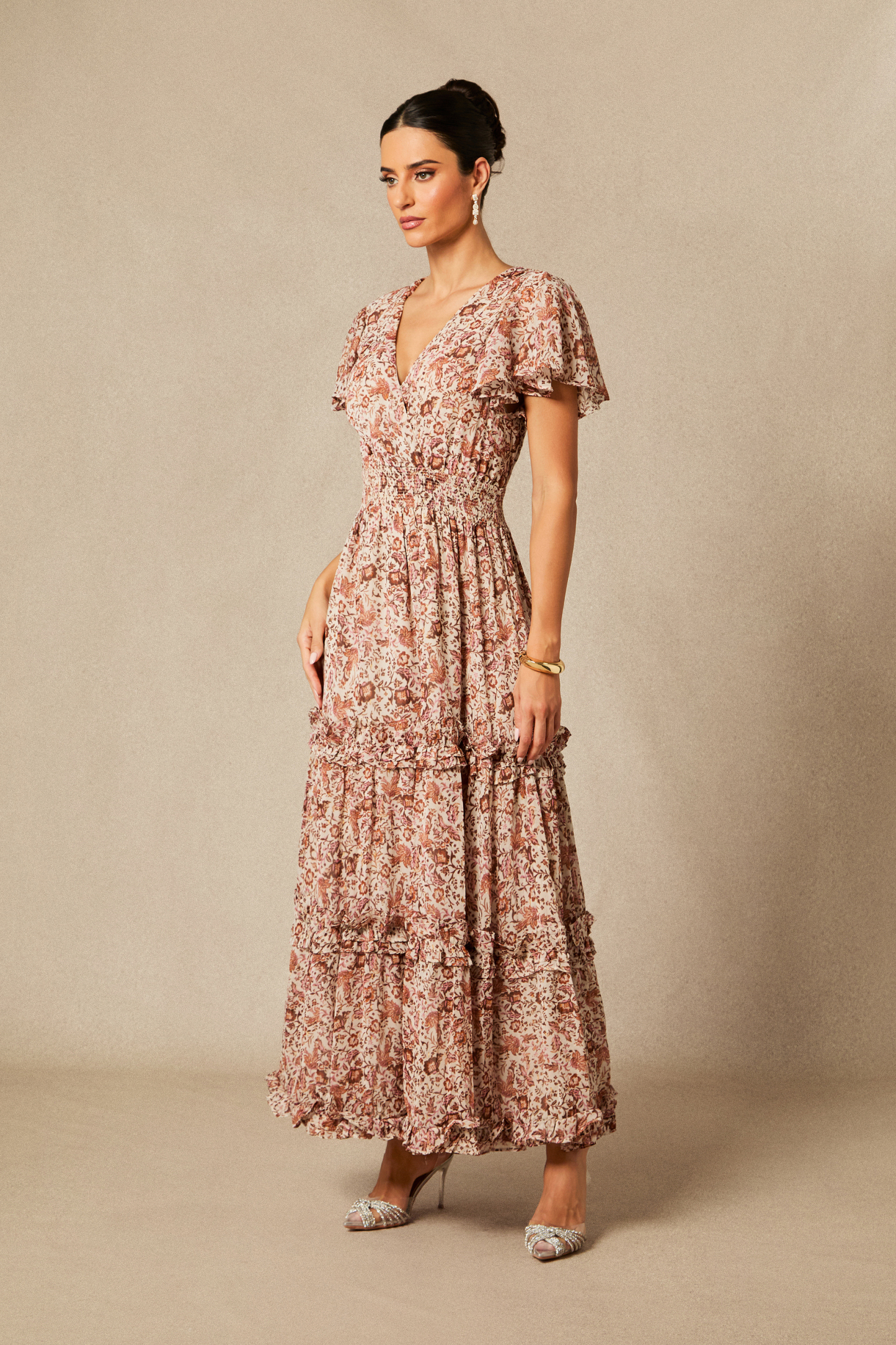 Elisabeth Floral Print Flutter Sleeve Maxi Dress