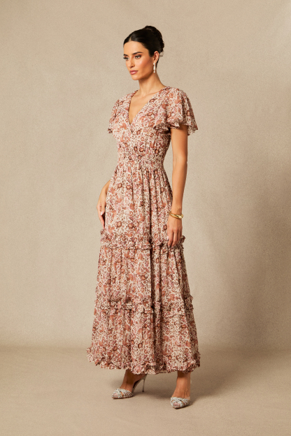 Elisabeth Floral Print Flutter Sleeve Maxi Dress