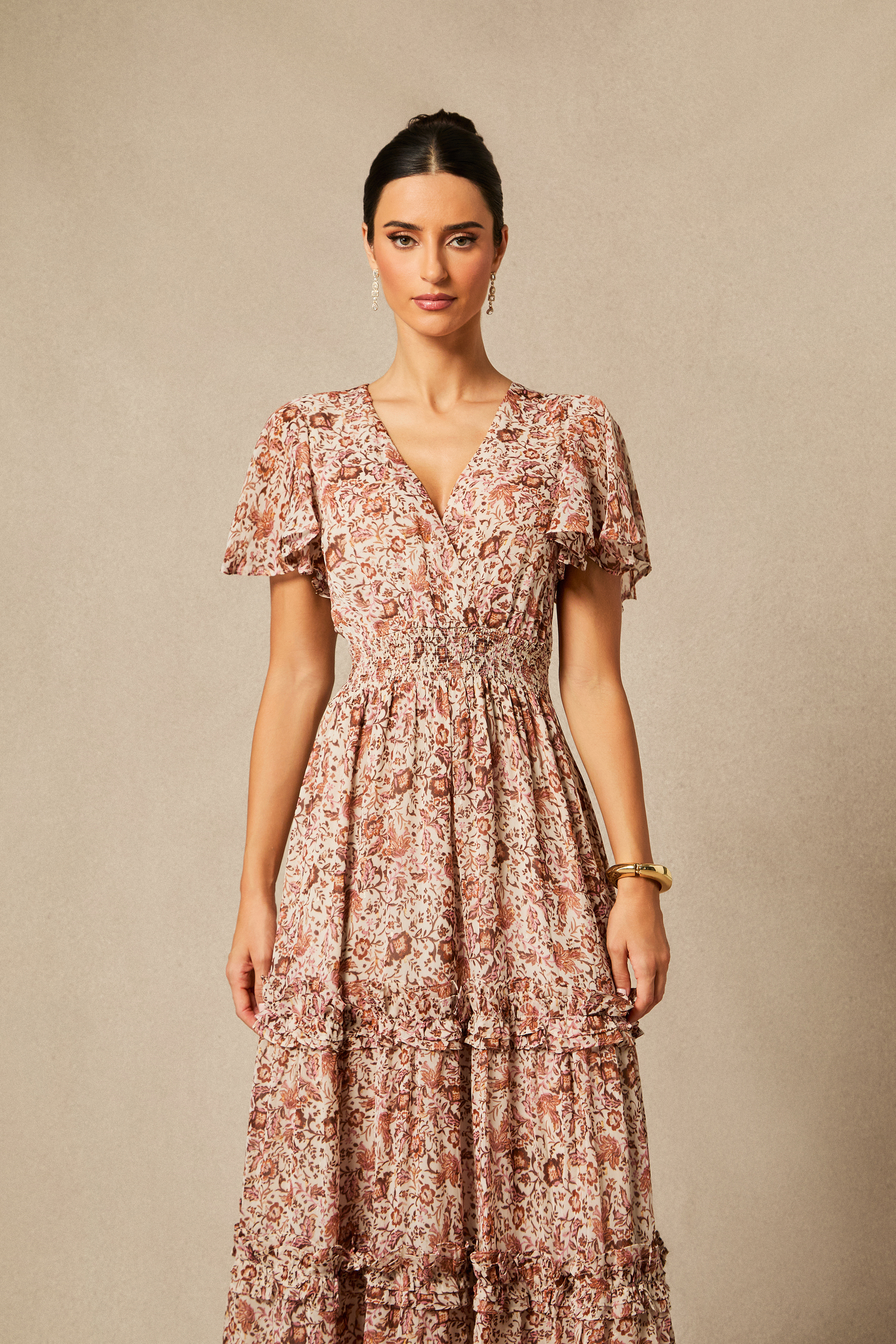 Elisabeth Floral Print Flutter Sleeve Maxi Dress