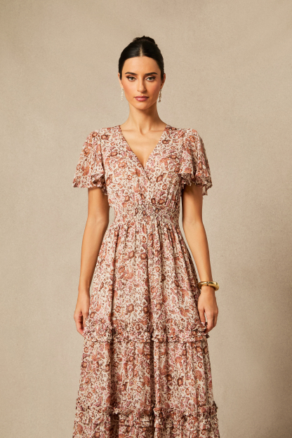 Elisabeth Floral Print Flutter Sleeve Maxi Dress