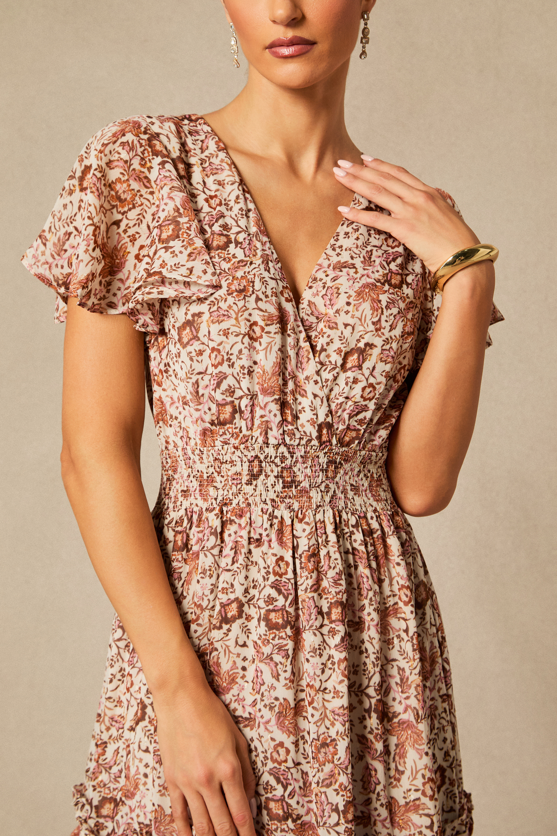 Elisabeth Floral Print Flutter Sleeve Maxi Dress
