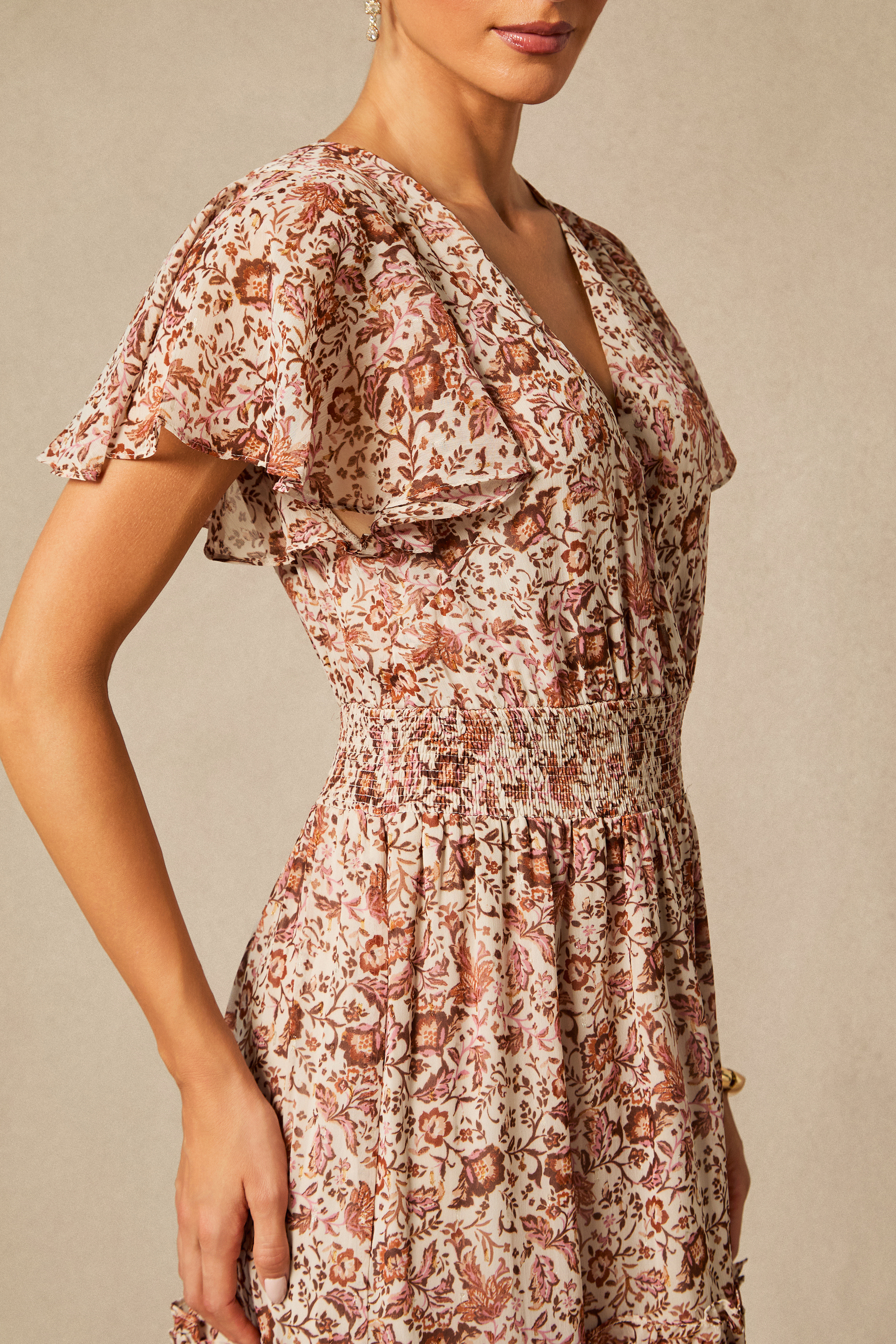 Elisabeth Floral Print Flutter Sleeve Maxi Dress