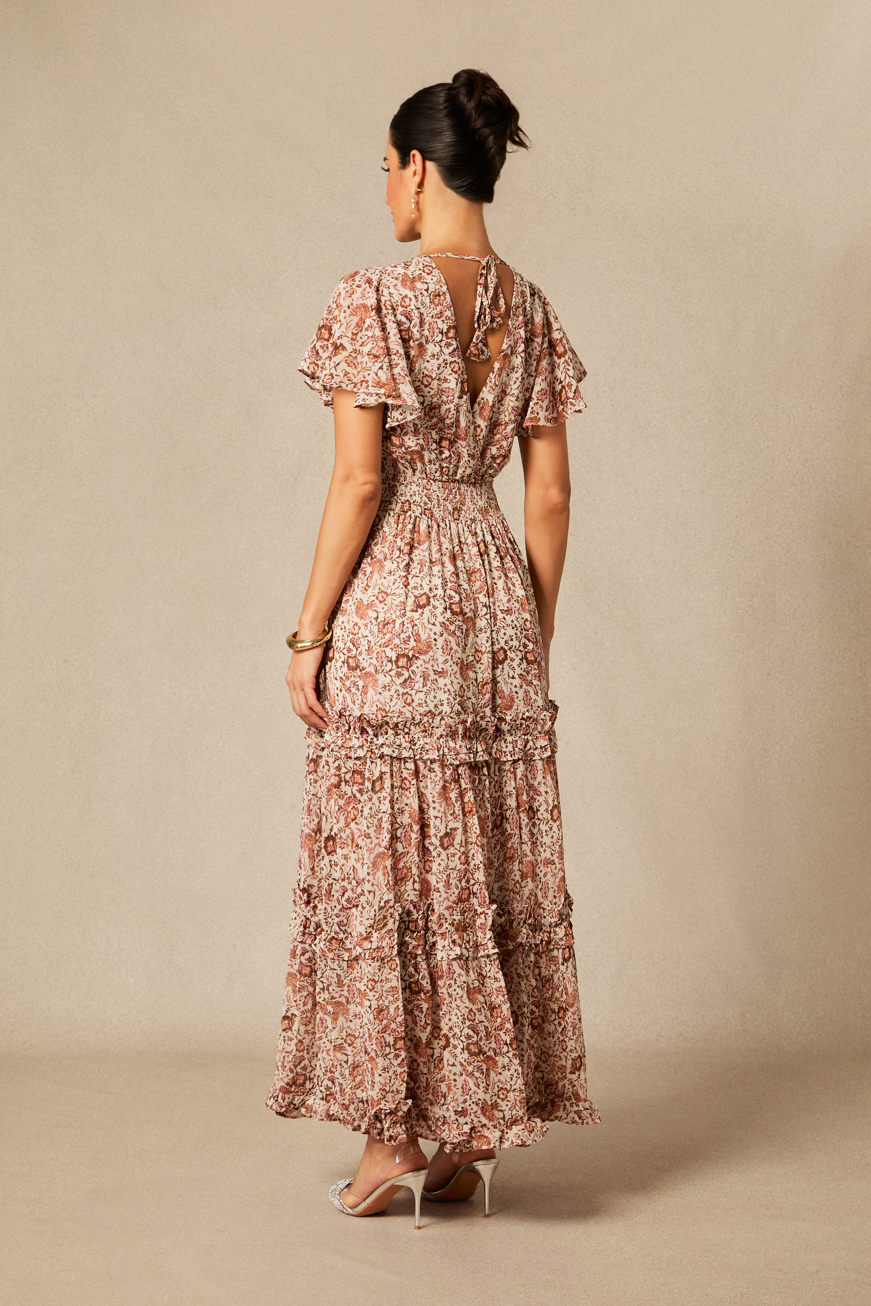 Elisabeth Floral Print Flutter Sleeve Maxi Dress