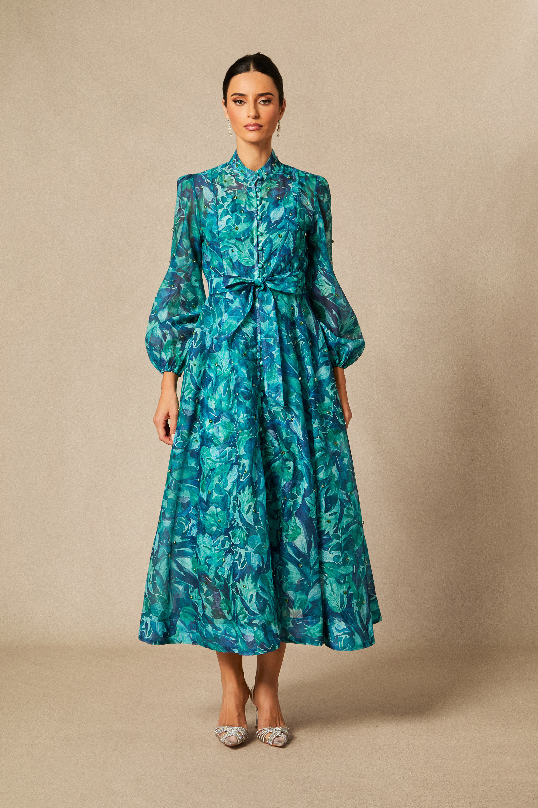 Kylie Floral Print Embellished Midi Dress