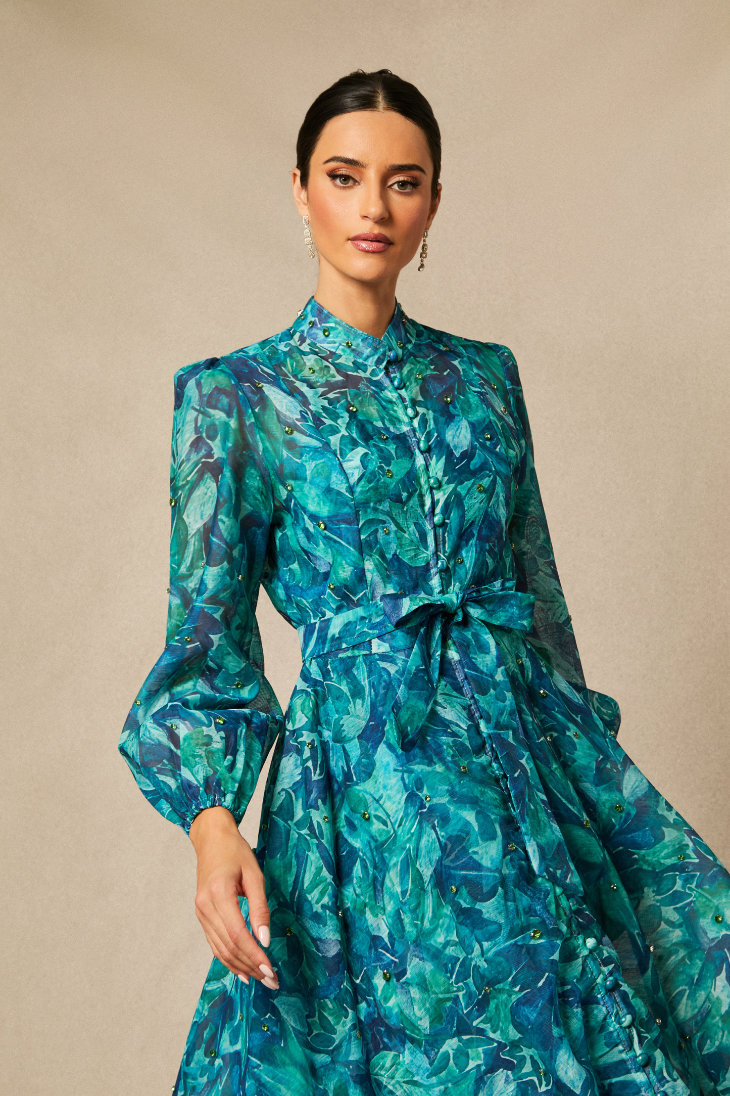 Kylie Floral Print Embellished Midi Dress