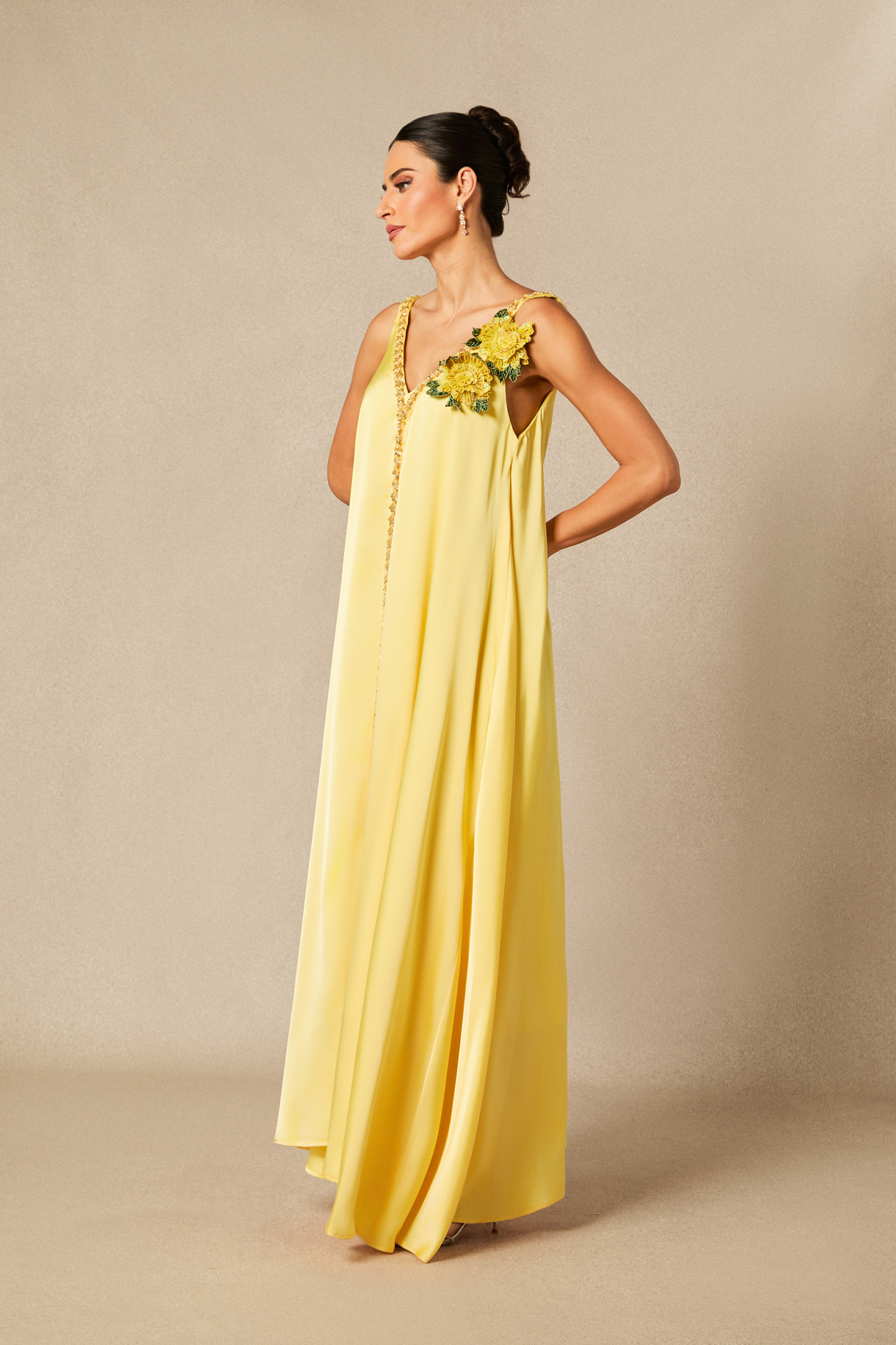 Sienna Floral Embroidered V-neck Satin Maxi Dress