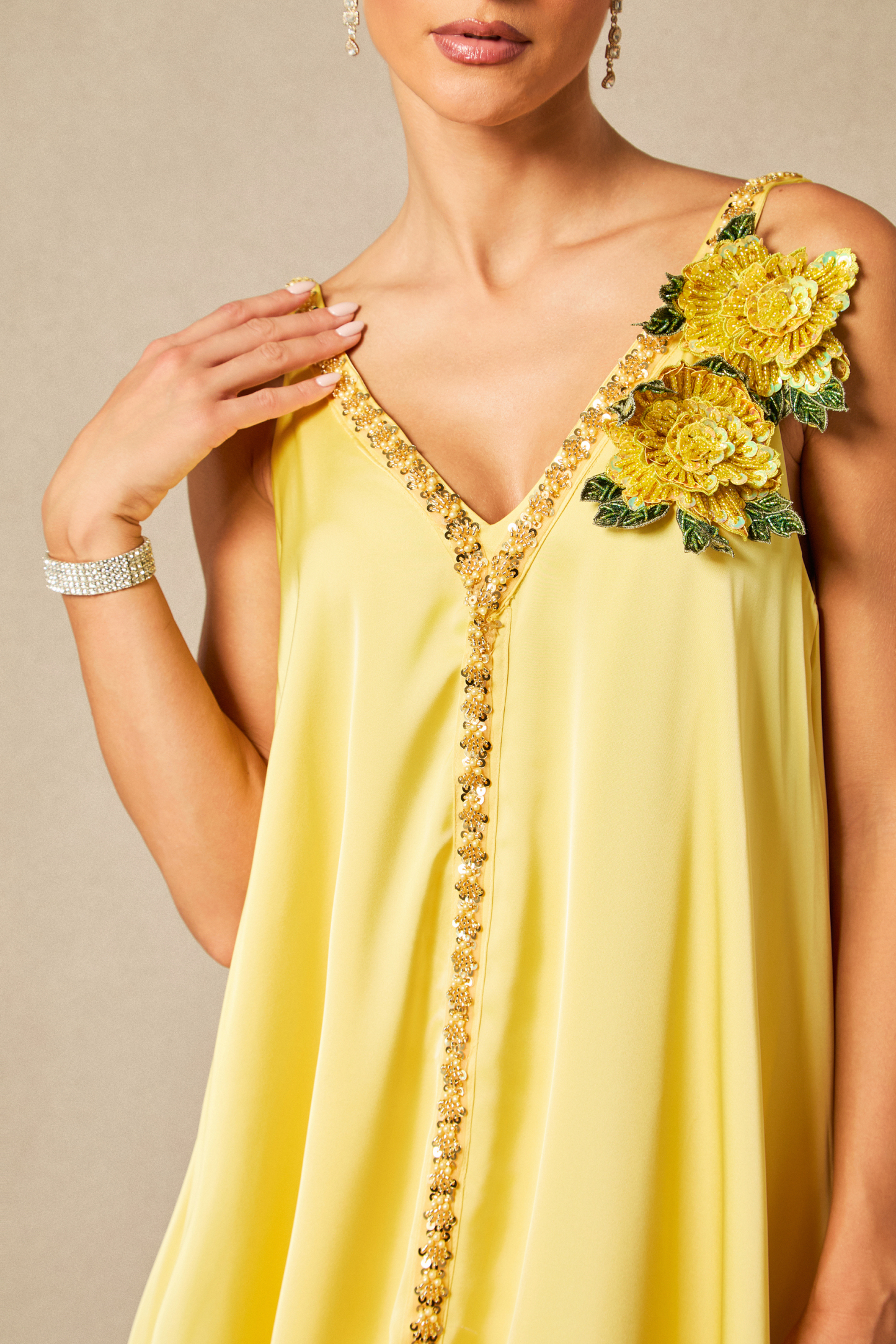 Sienna Floral Embroidered V-neck Satin Maxi Dress