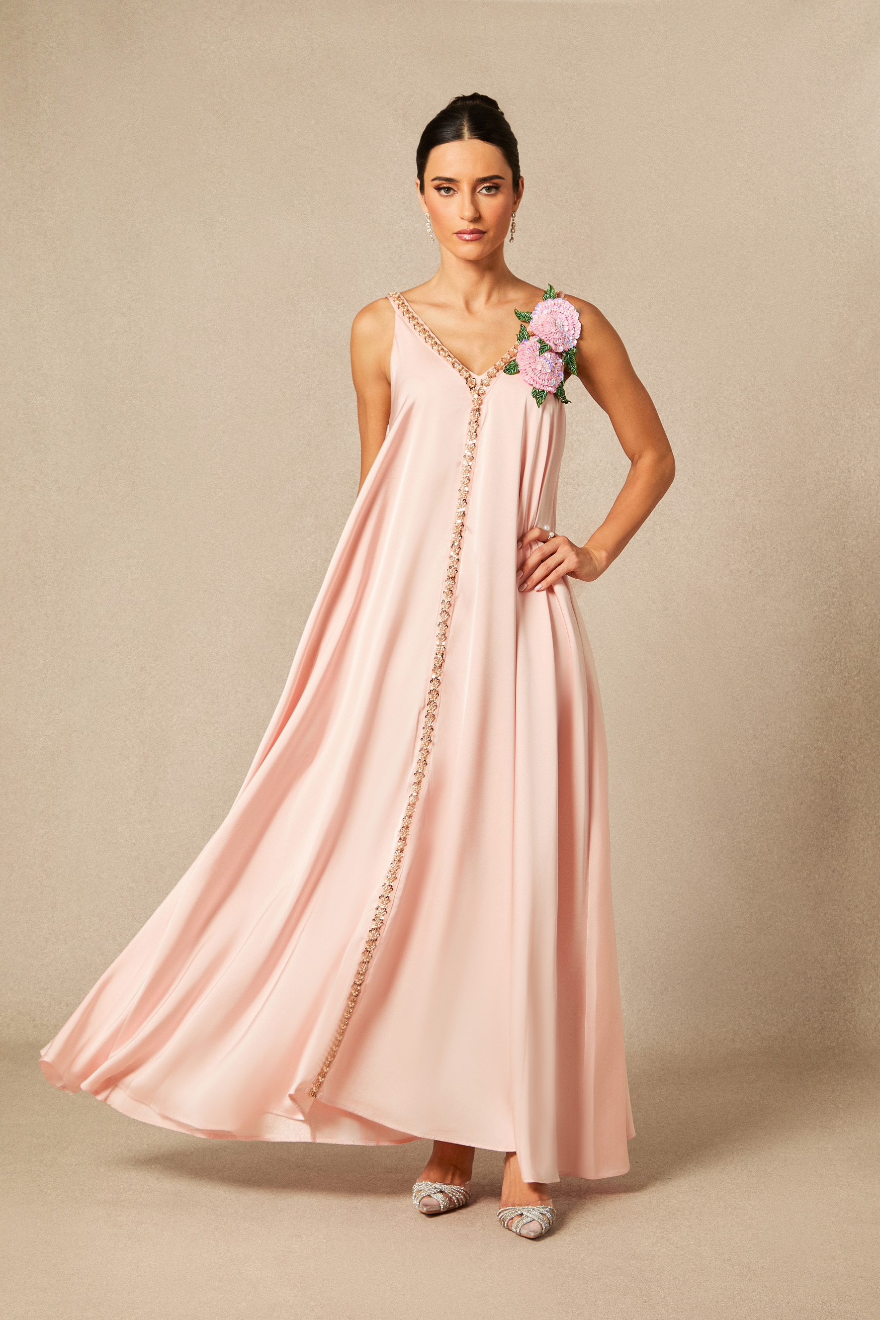 Sienna Floral Embroidered V-neck Satin Maxi Dress