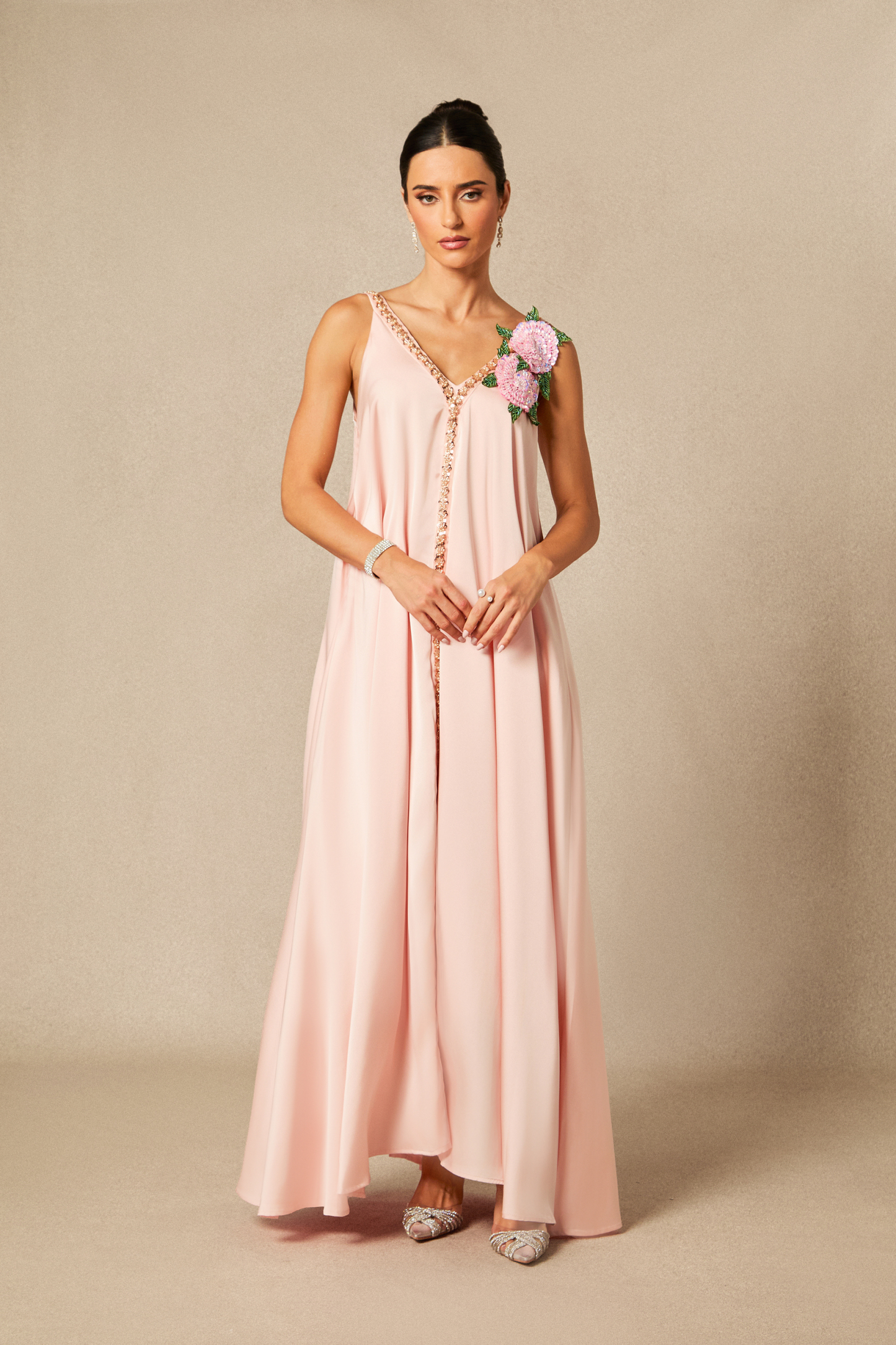 Sienna Floral Embroidered V-neck Satin Maxi Dress