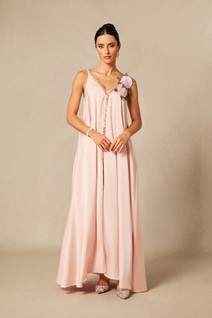 Sienna Floral Embroidered V-neck Satin Maxi Dress
