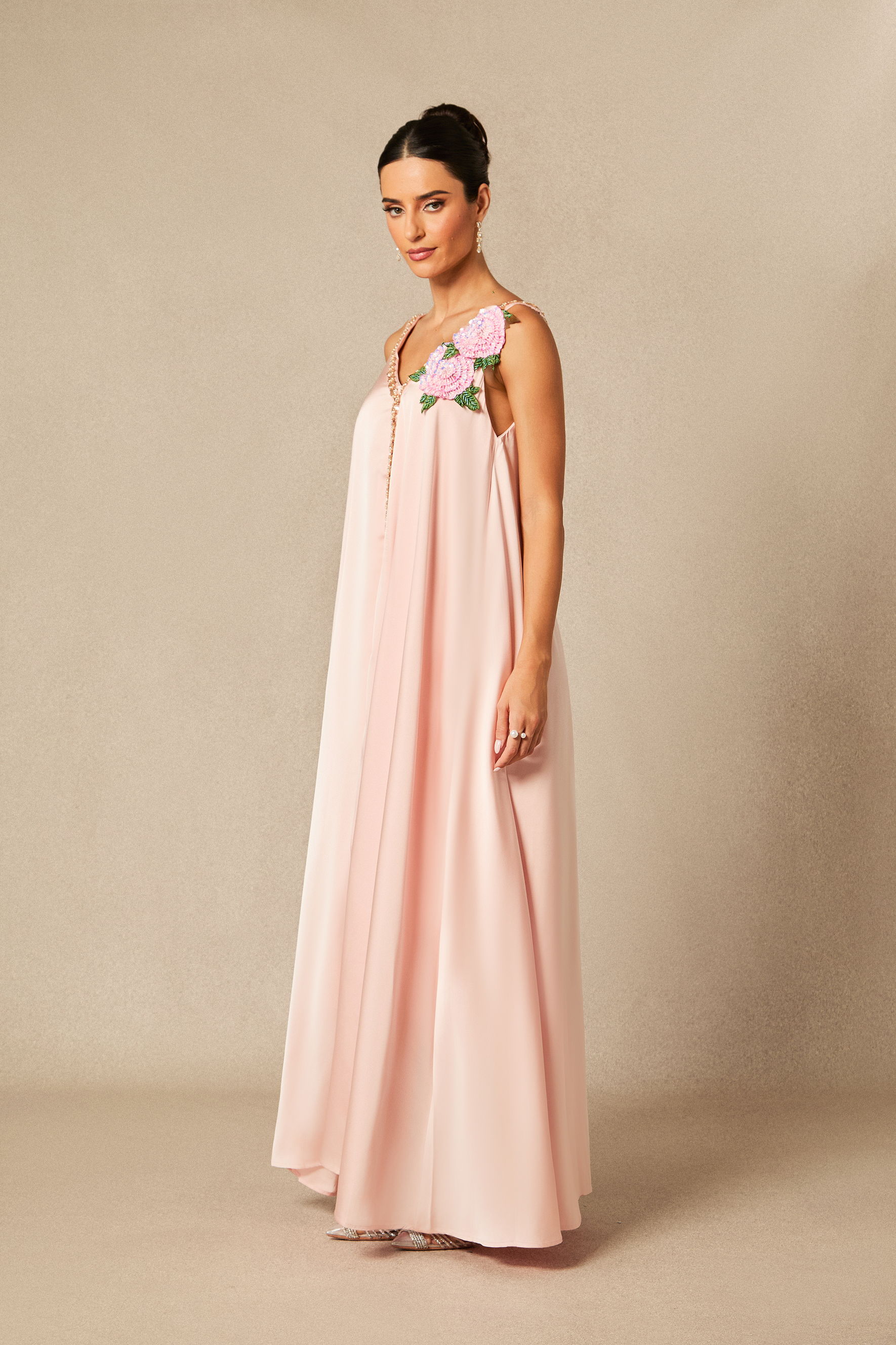 Sienna Floral Embroidered V-neck Satin Maxi Dress