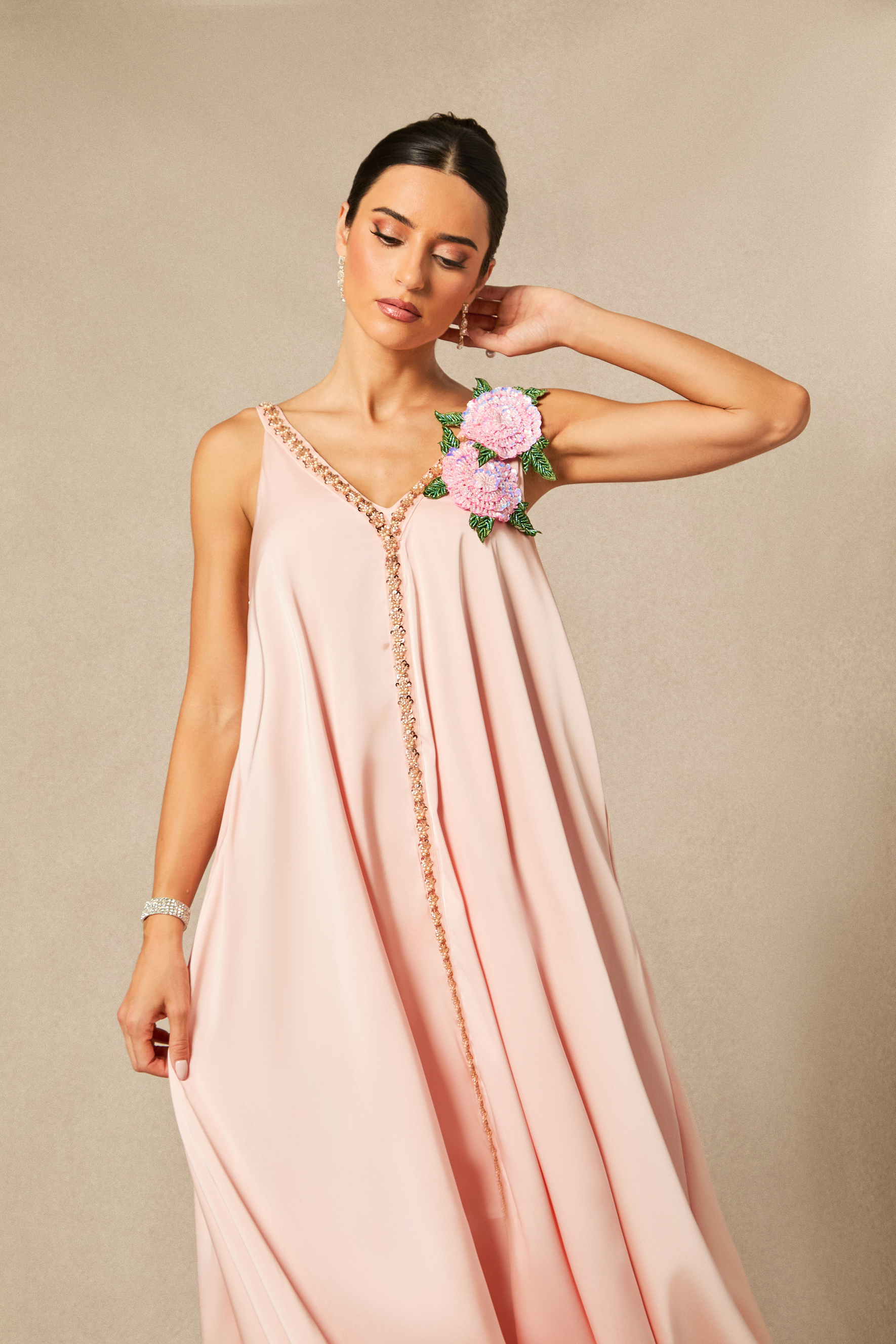 Sienna Floral Embroidered V-neck Satin Maxi Dress