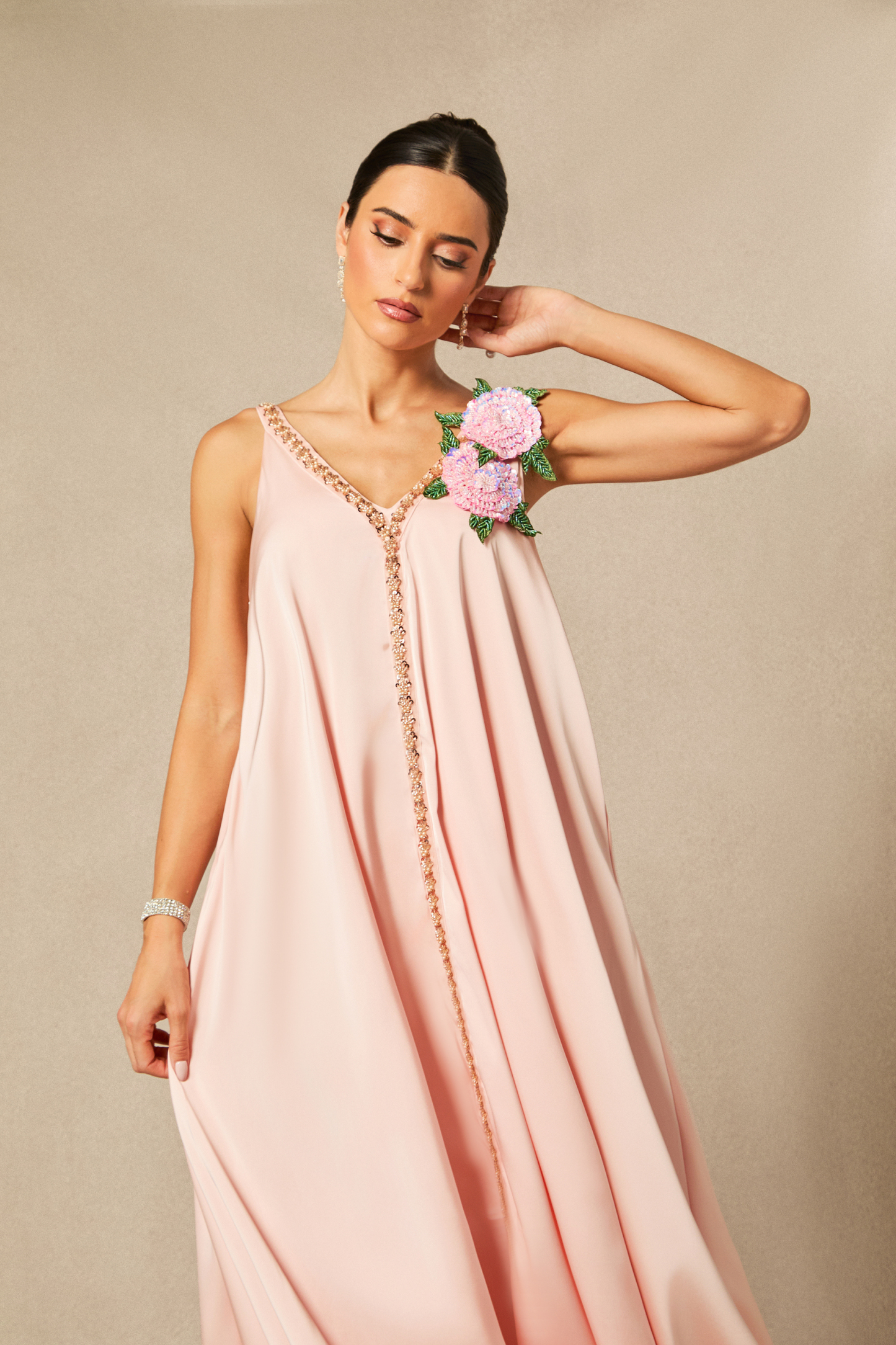 Sienna Floral Embroidered V-neck Satin Maxi Dress