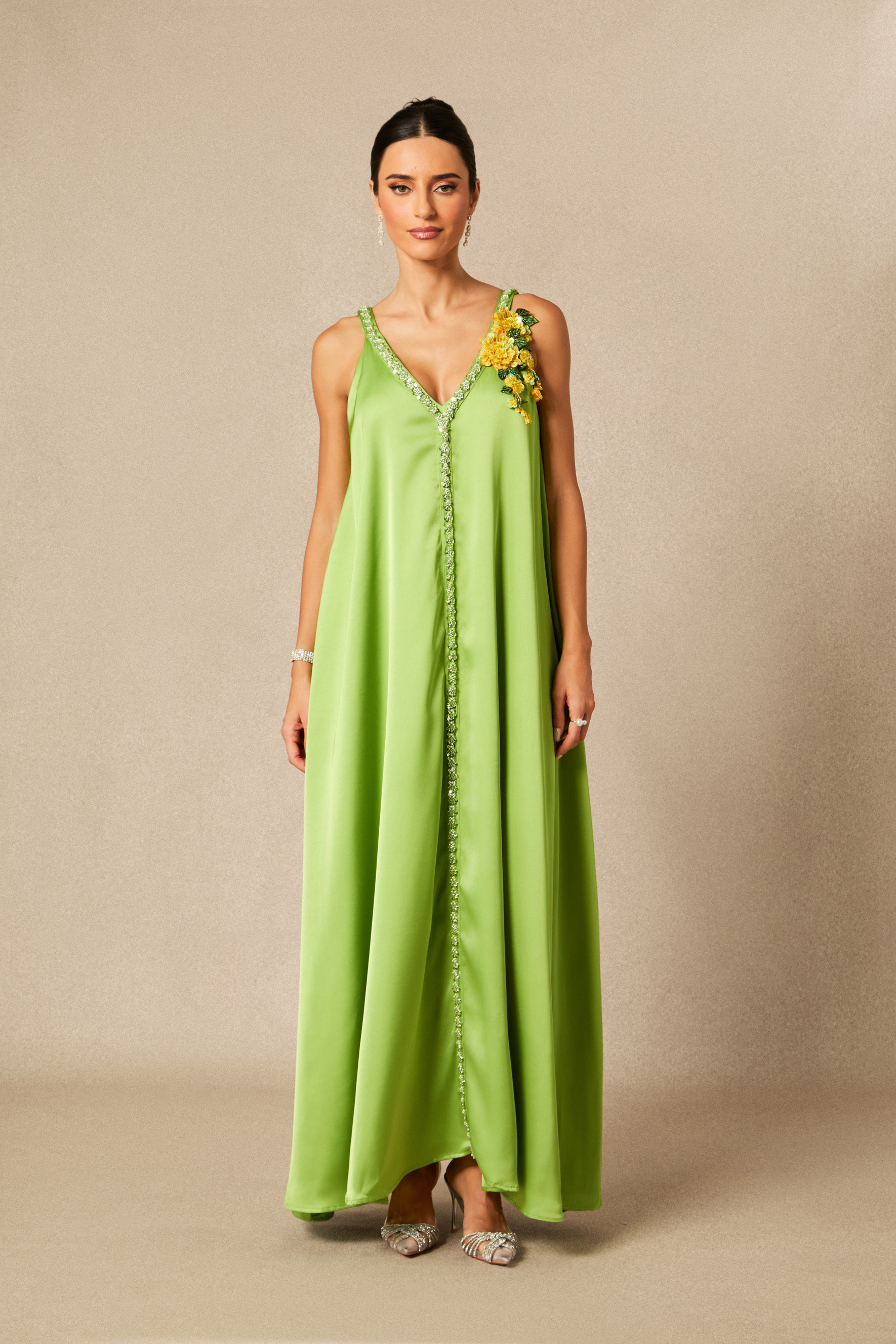 Sienna Floral Embroidered V-neck Satin Maxi Dress