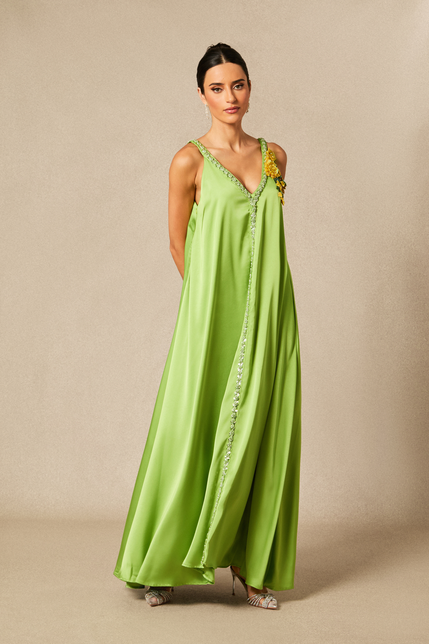 Sienna Floral Embroidered V-neck Satin Maxi Dress