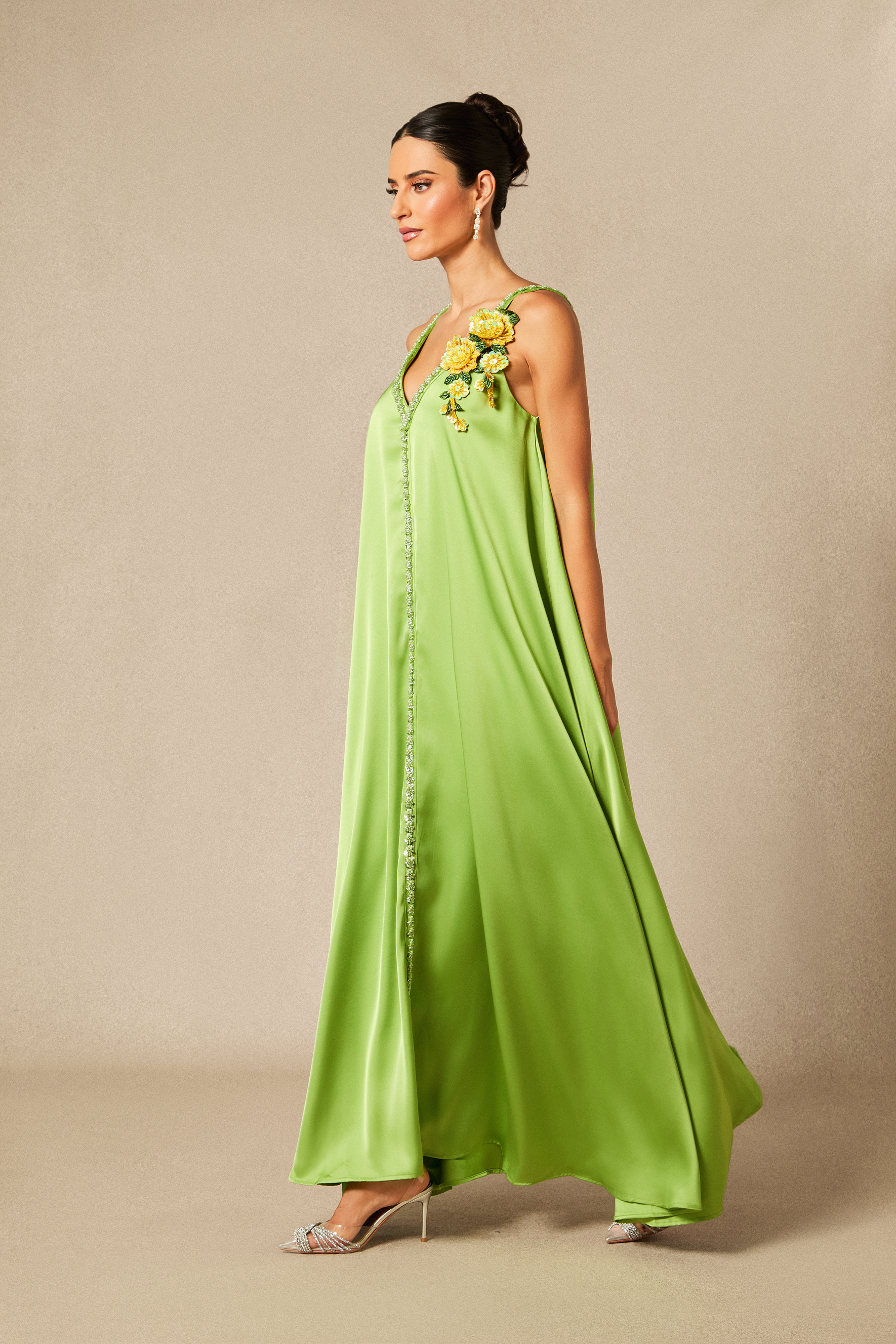 Sienna Floral Embroidered V-neck Satin Maxi Dress