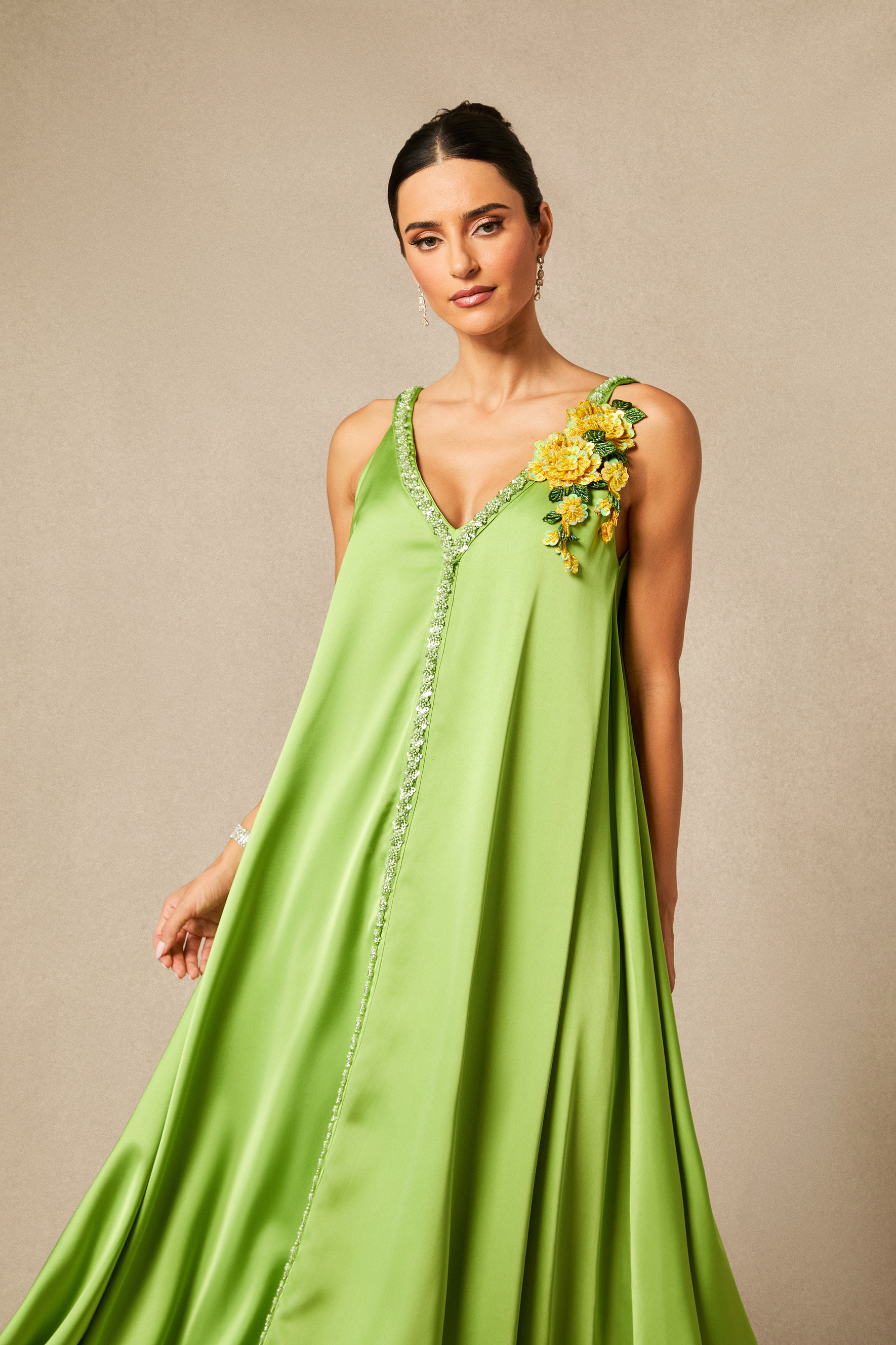 Sienna Floral Embroidered V-neck Satin Maxi Dress