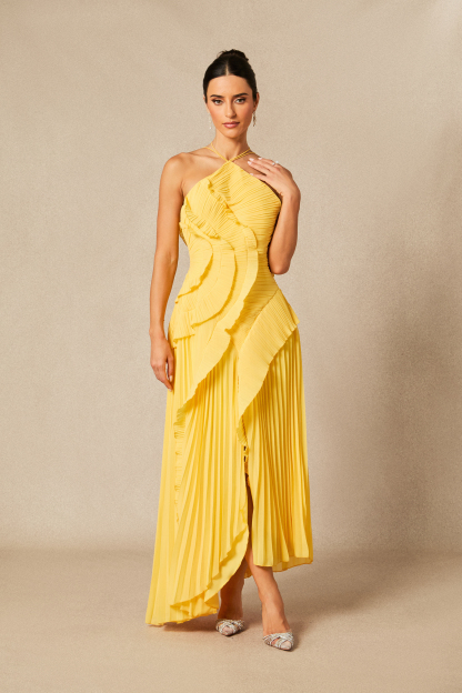 Nina Asymmetry Pleated Halterneck Midi Dress