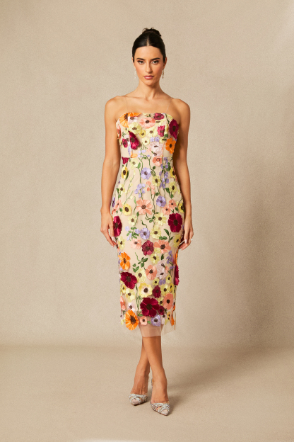 Belle Embroidered Floral Strapless Midi Dress