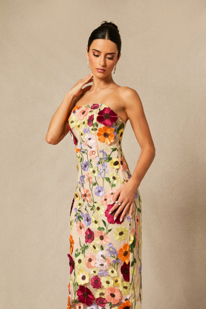 Belle Embroidered Floral Strapless Midi Dress