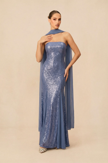 Glimmer Game Blue Sequin Strapless Dress With Chiffon Scarf